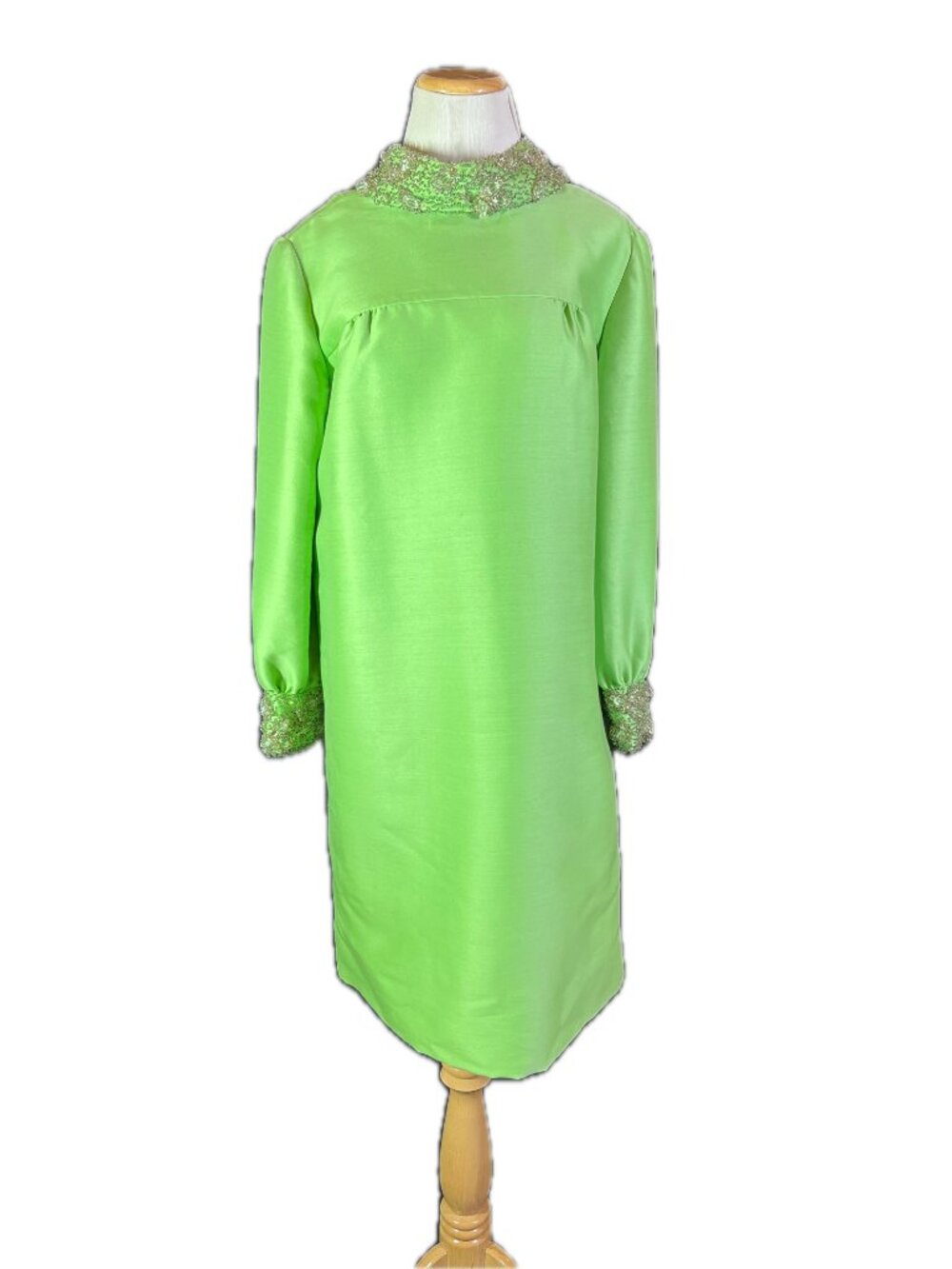 Vintage 1960s or 1970s Green Dress Beaded Collar Cuffs *Flaws